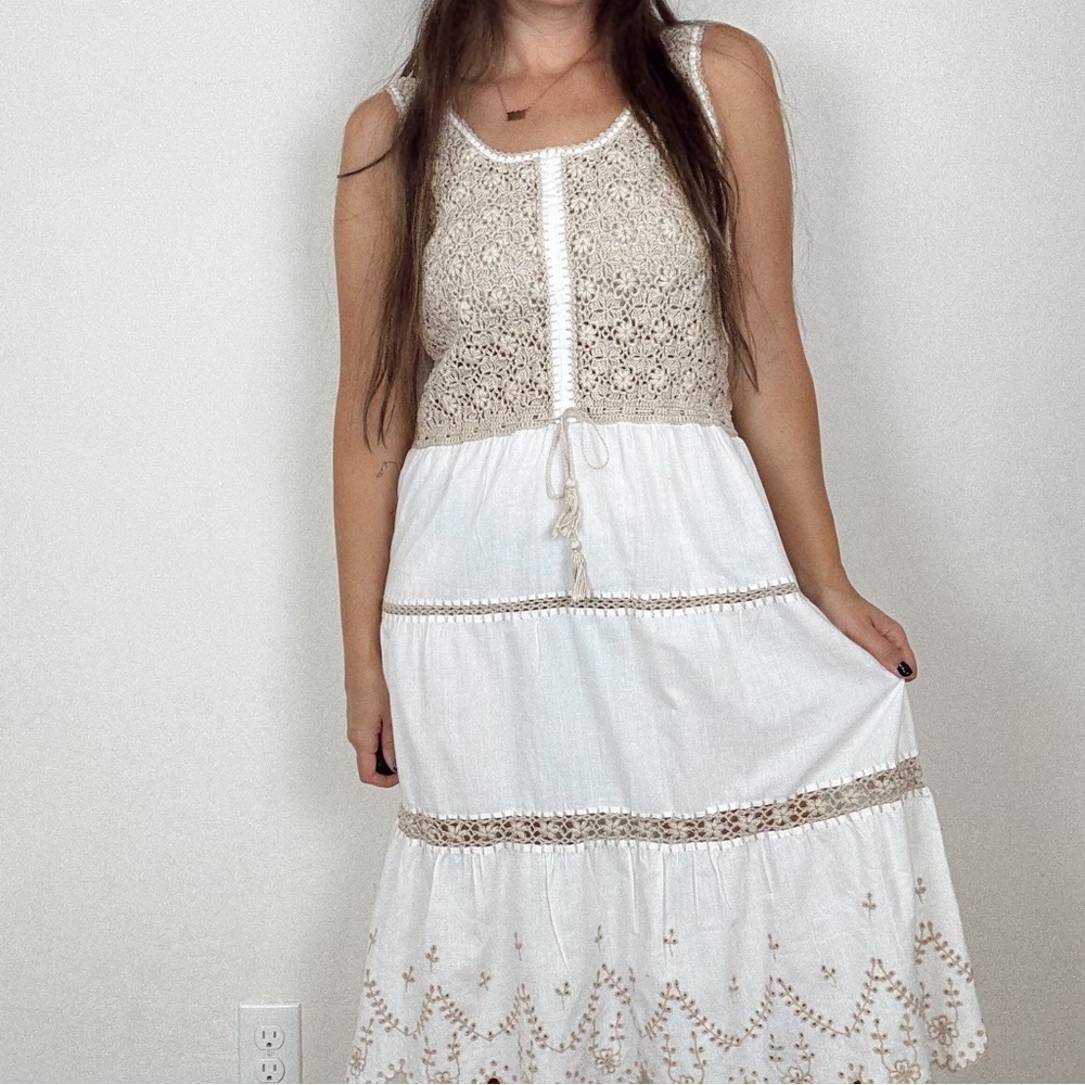 1970S Vintage BROWN & CREAM CROCHET Embroidered MIDI DRESS - Picture 2 of 13